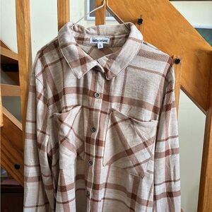 Kathy Ireland Beige and Brown Plaid Shirt XL NWOT